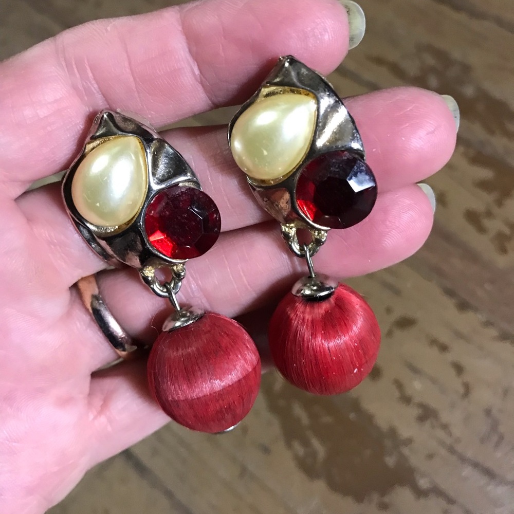 Vintage Silk Wrapped Post Style Gold tone Red and Gold Drop Earrings